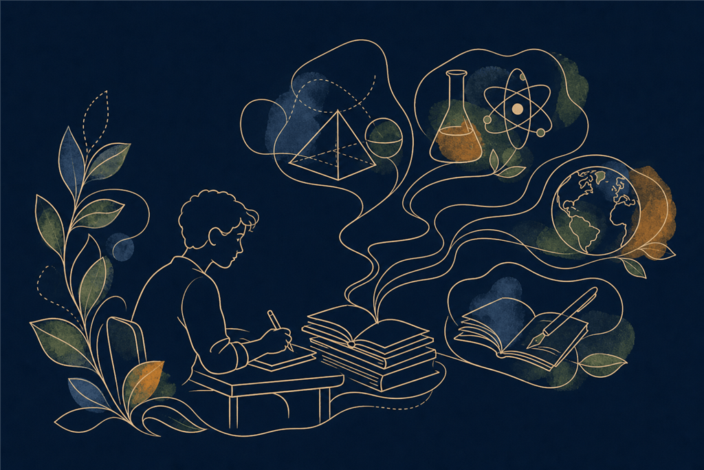 Student studying at a desk with pathways into maths, science, geography, and language