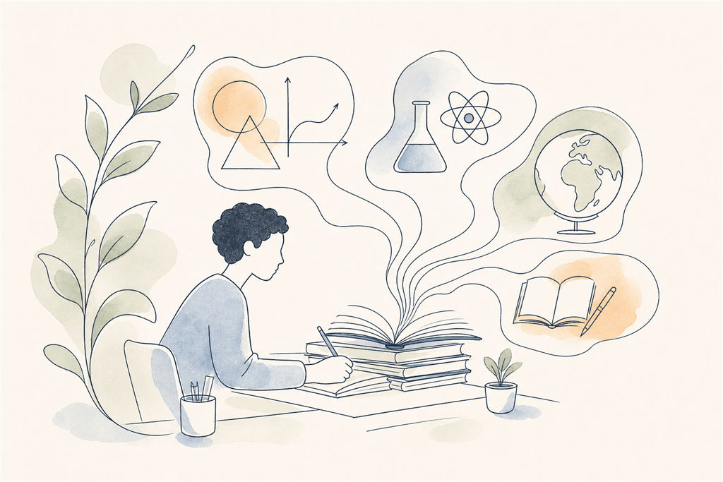 Student studying at a desk with pathways into maths, science, geography, and language